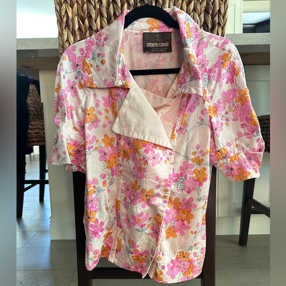 Roberto Cavalli Pink and Orange Silk Floral Double Breasted Blazer Top size 40